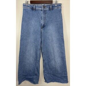 Zara Women Jeans The Patch Pockets Marine Straight Wide High Waist Retro Crop 12